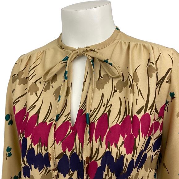 1970s Pop Art Floral Tulip Dress Keyhole tie Neckline / Women’s Small * - Picture 2 of 4